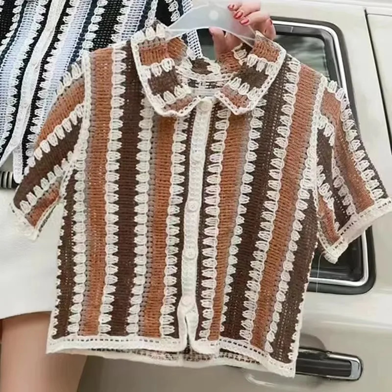 Breezy Striped Crochet Shirt Collored Button-down Short Sleeve Open-knit Shirts Blouses Women Teen-girl Summer Boho Beach Outfit 250627
