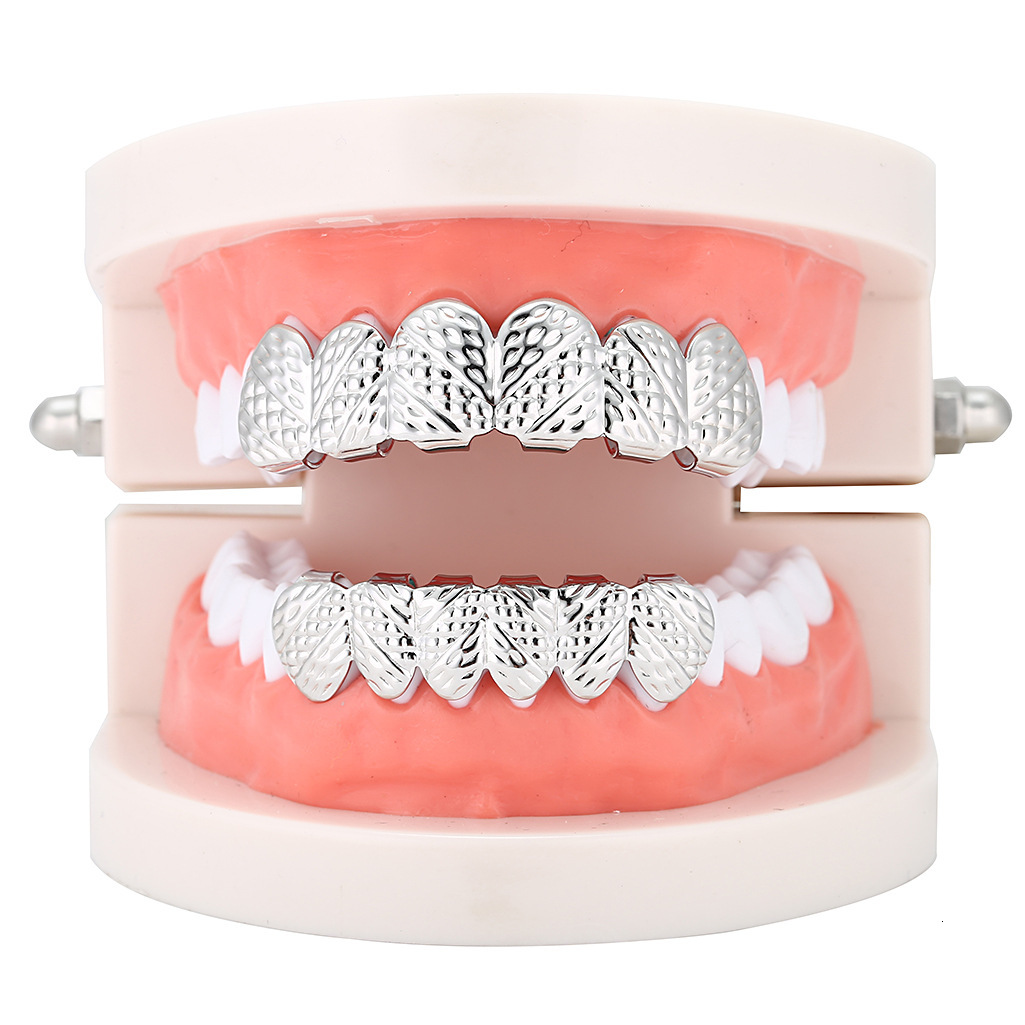New Arrival Hip Hop 18k Gold Plated Cross-textured Carved Facet Grillz Premium Dental Accessories Rapper Costume Accessories
