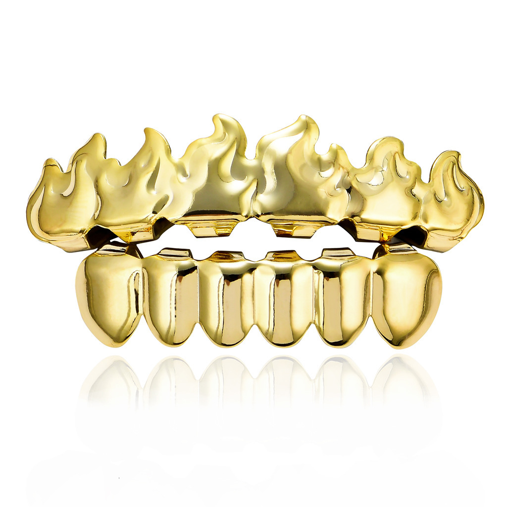 18K Gold Hip Hop Flame Iced Out Grillz Vampire Fangs Halloween Body Accessory Rapper Costume Accessories