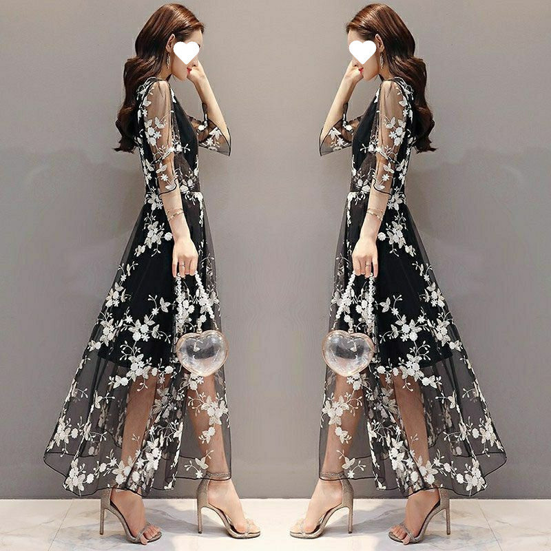 Summer Self Portrait Runway Dress Women Floral Embroidery Sequined Long es Mesh Vacation Beach Vestidos 210506