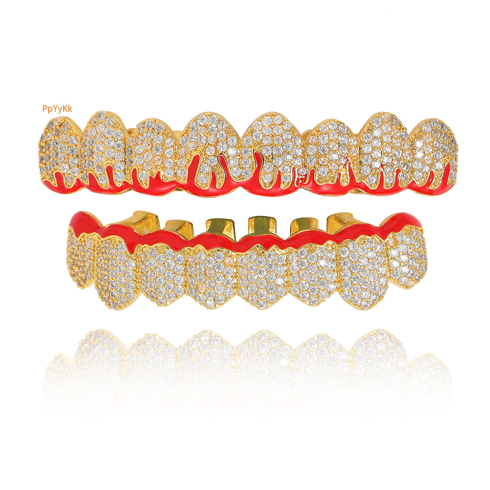 New Arrival 18K Gold Iced Out 8 Tooth Red Flame Moissanite Diamond Hip Hop Grillz Unique Halloween Accessory