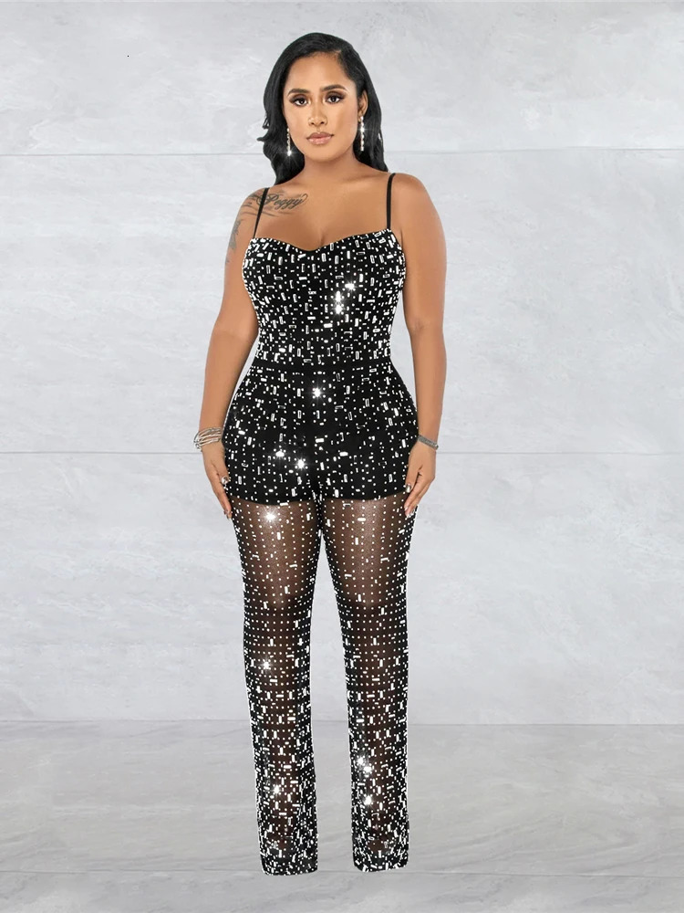 HBLL Women Club Outfits Spaghetti Strap Bodycon Jumpsuits Sparkly Rhinestone Romper Birthday Night Out One Piece Clubwear 250624