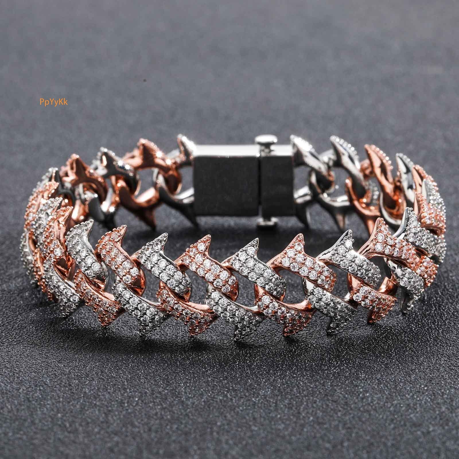 18MM Hip Hop Pink-White Zircon Spiked Thorn Cuban Chain Spring Clasp Men's VVS Moissanite Iced Out Statement Bracelet Passes the Diamond Tester