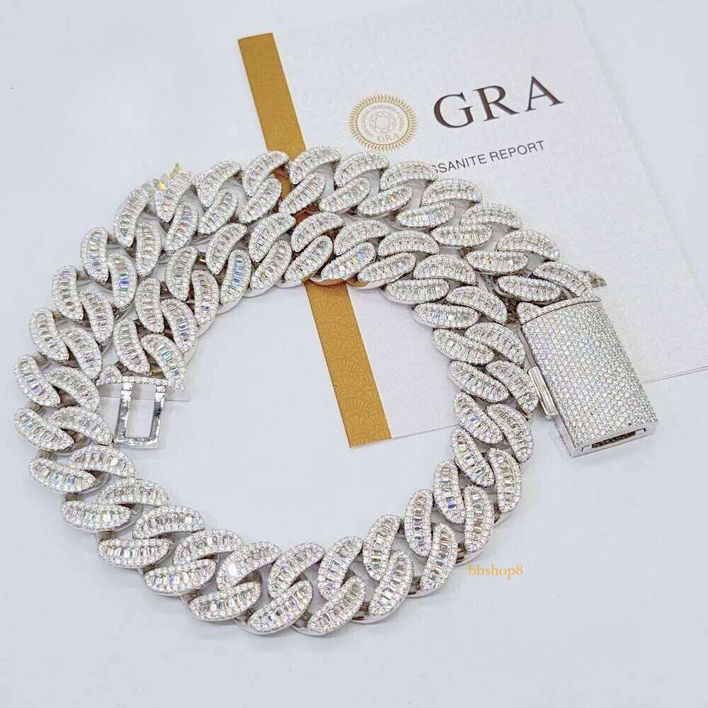 moissanite cuban link chain 22mm Moon Shape Baguette Ice Out Sterling Sier Miami Chain Necklace