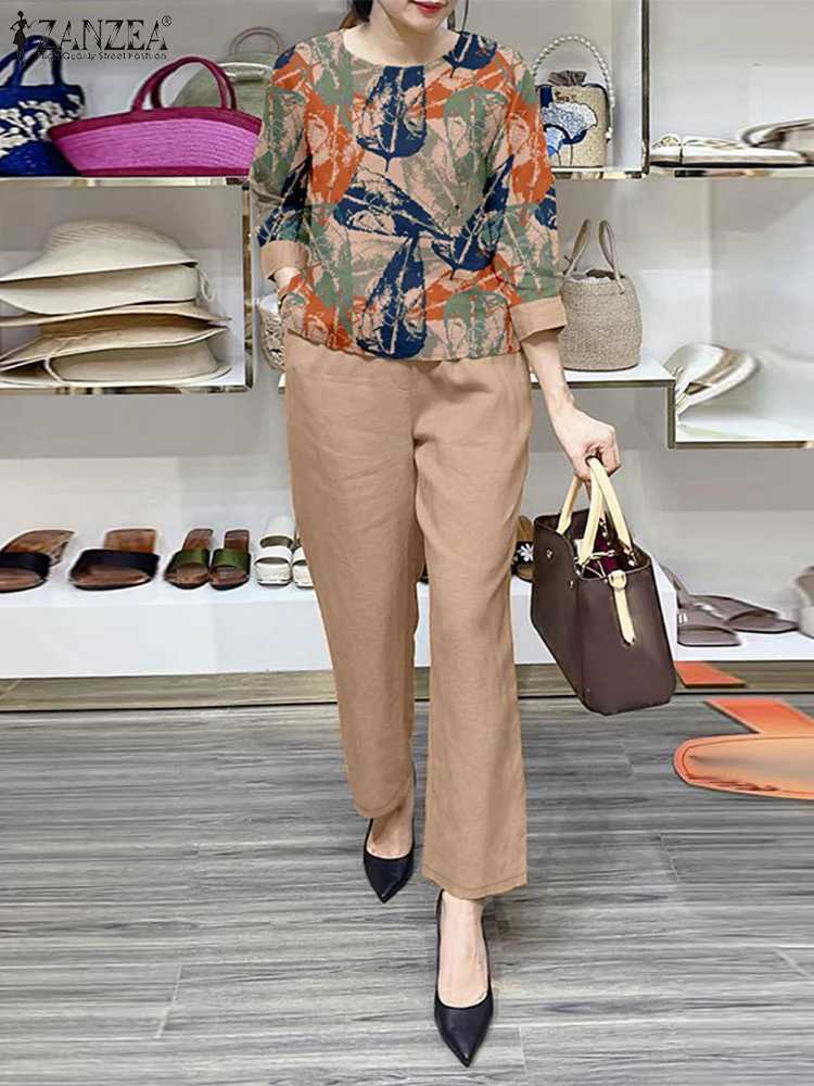 ZANZEA Ele Women Work Pant Sets Fashion 3/4 Sleeve Floral Blouse Trousers Suits 2PCS Casual Tracksuit Two Piece Sets Outfits W250628