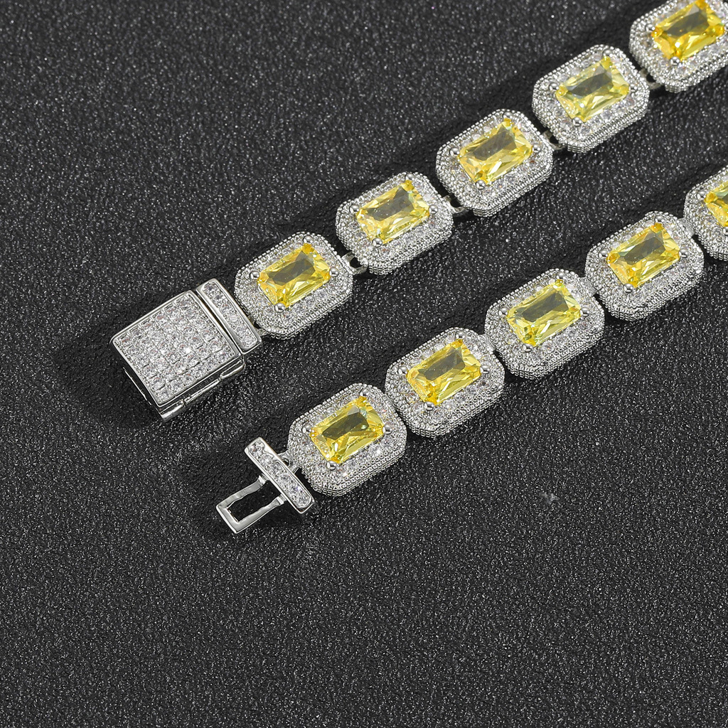 8MM Yellow Moissanite Square Bling Chain Hip Hop Bracelet T-Square Iced Out Niche Trendy Men's Jewelry Pass the diamond tester