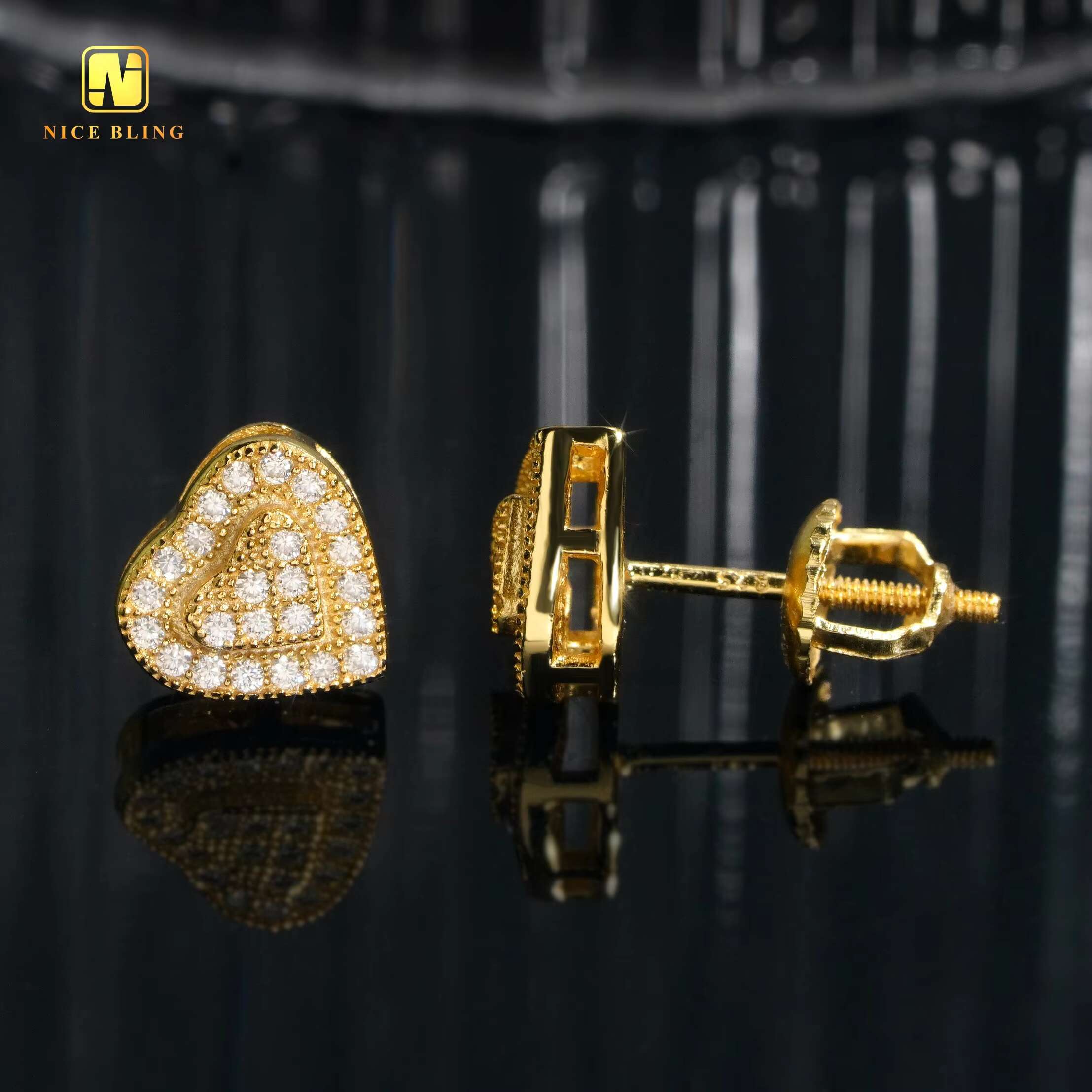 Screw Back Earrings 18K Gold Plated Heart Shape Ear Studs Fine Jewelry Hip Hop Silver Moissanite Diamond Earrings for Men Women