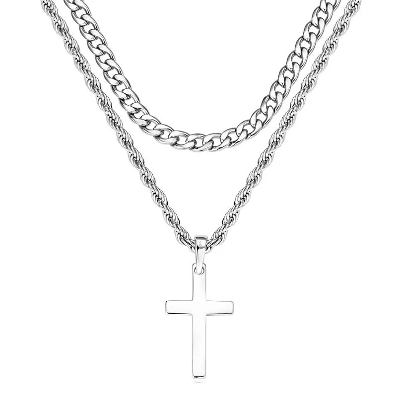 RAPRGOLD 925 Sterling Silver Cross Pendant Necklace for Men and Women Doublelayered Cuban Rope Chain Fine Jewelry Gifts collares 250625