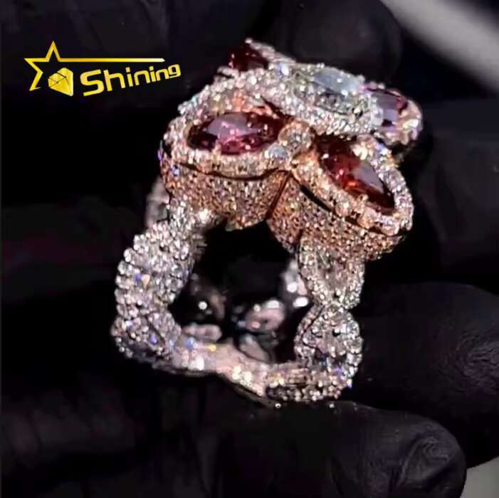 Custom Made New Arrivals Hip Hop Jewelry 925 Silver Colorful Diamond Clover VVS Moissanite Diamond Custom Ring for Men Women