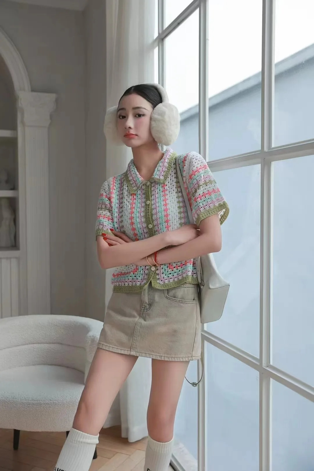 Breezy Striped Crochet Shirt Collored Button-down Short Sleeve Open-knit Shirts Blouses Women Teen-girl Summer Boho Beach Outfit 250627