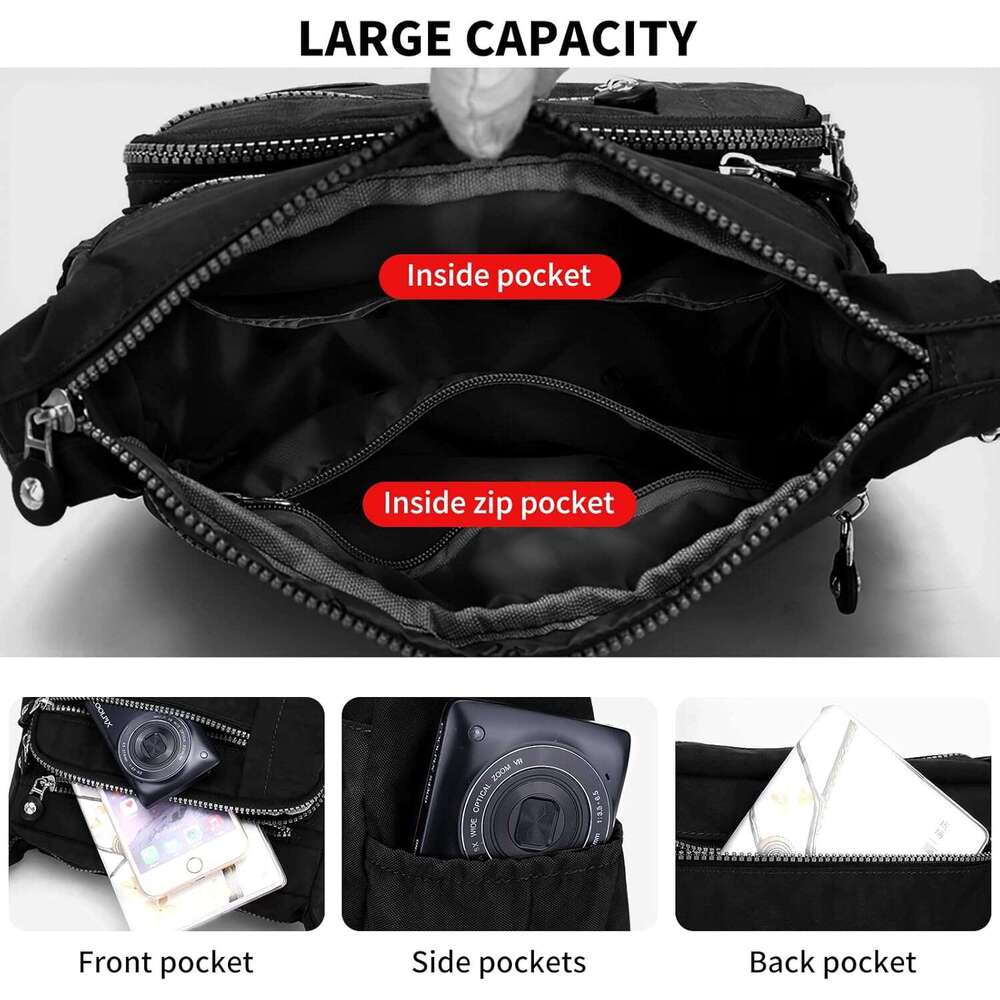 Nylon Shoulder Bags for Women - Multi-Pocket Zipper Waterproof Travel Purse Casual Small Lightweight Messenger Bag