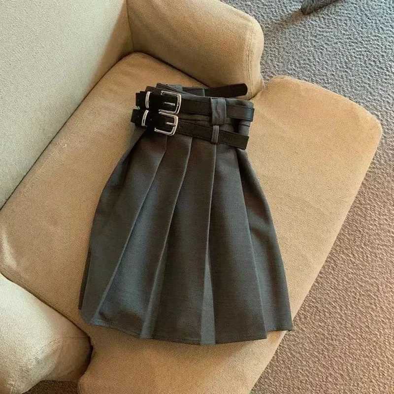 Xpqbb All-Match College Style JK Pleated Skirts Women Fashion Double Belt High Waisted Skirt Female Vintage Brown Mini Skirts L250627