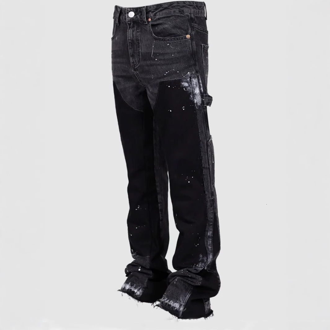 Designer Men's Jeans, Work Pants, Fashionable Retro, Elastic Patchwork Denim, Layered Flared Pants, Loose Casual Pants, Work Pants, Black Pants