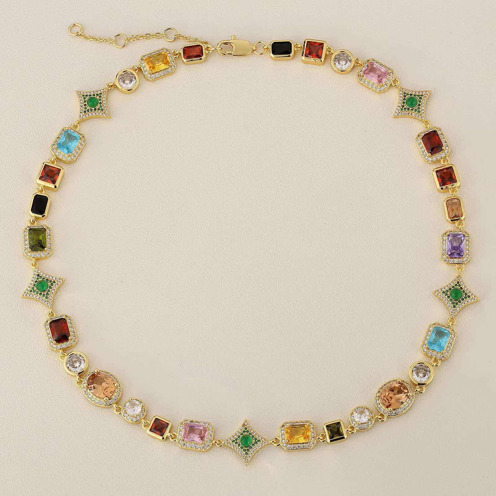 Wholesale Multi Gemstone Jewellery Star Rainbow Zircon Chain 18K Gold Plated Men 10MM Colorful CZ Gem Stone Necklace for Women