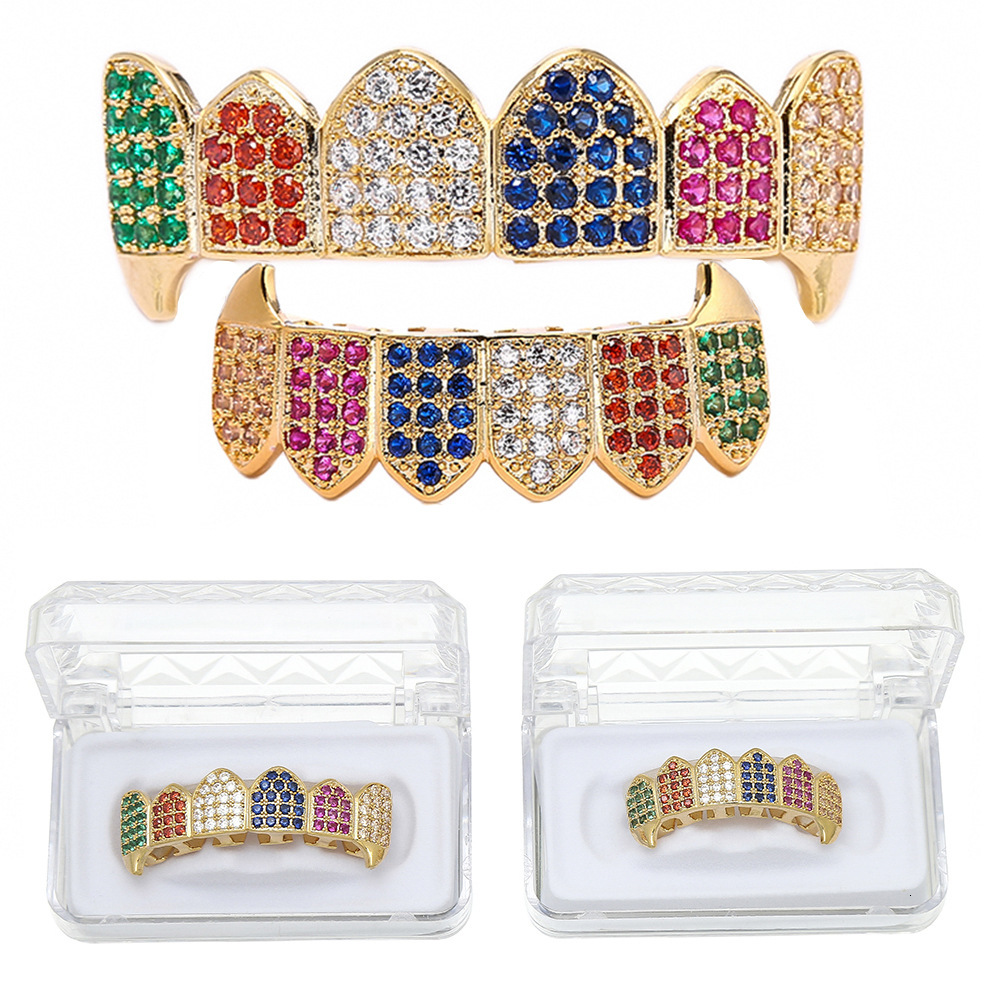 Hip Hop Gold Grillz Vampire Fangs 6 Color Iced Out Moissanite Bling Premium Teeth Accessories Rapper Costume Accessories Pass the diamond tester