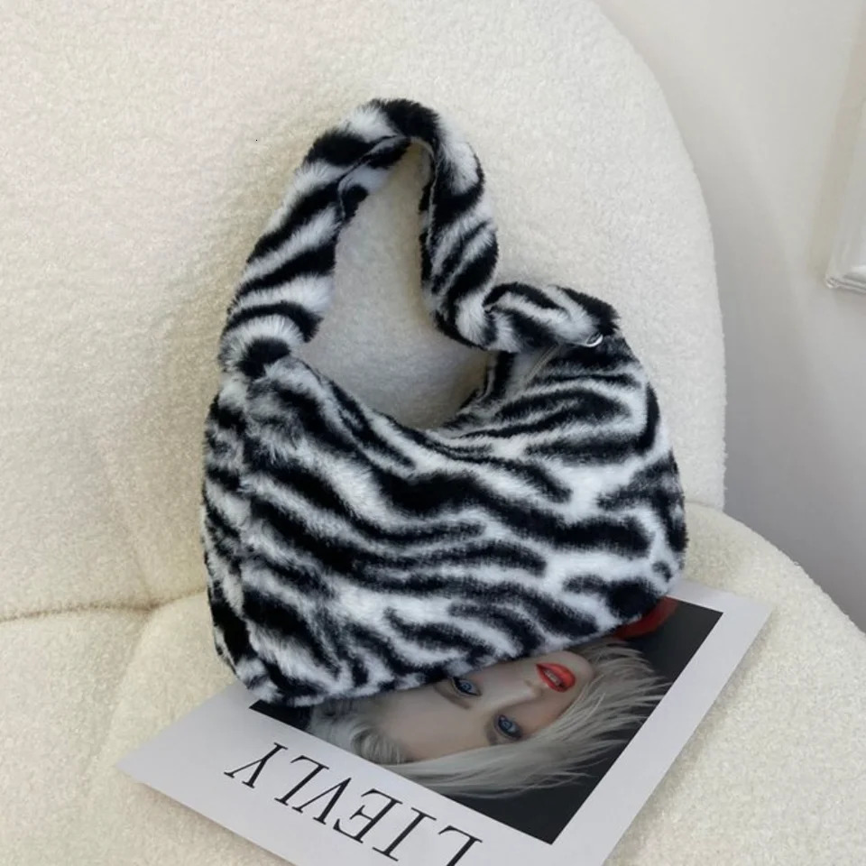 WomenS Winter Shoulder Bag Fashion Soft Plush Solid Color Zebra Leopard Pattern Underarm Bag Korean Ladies Handbags 250627