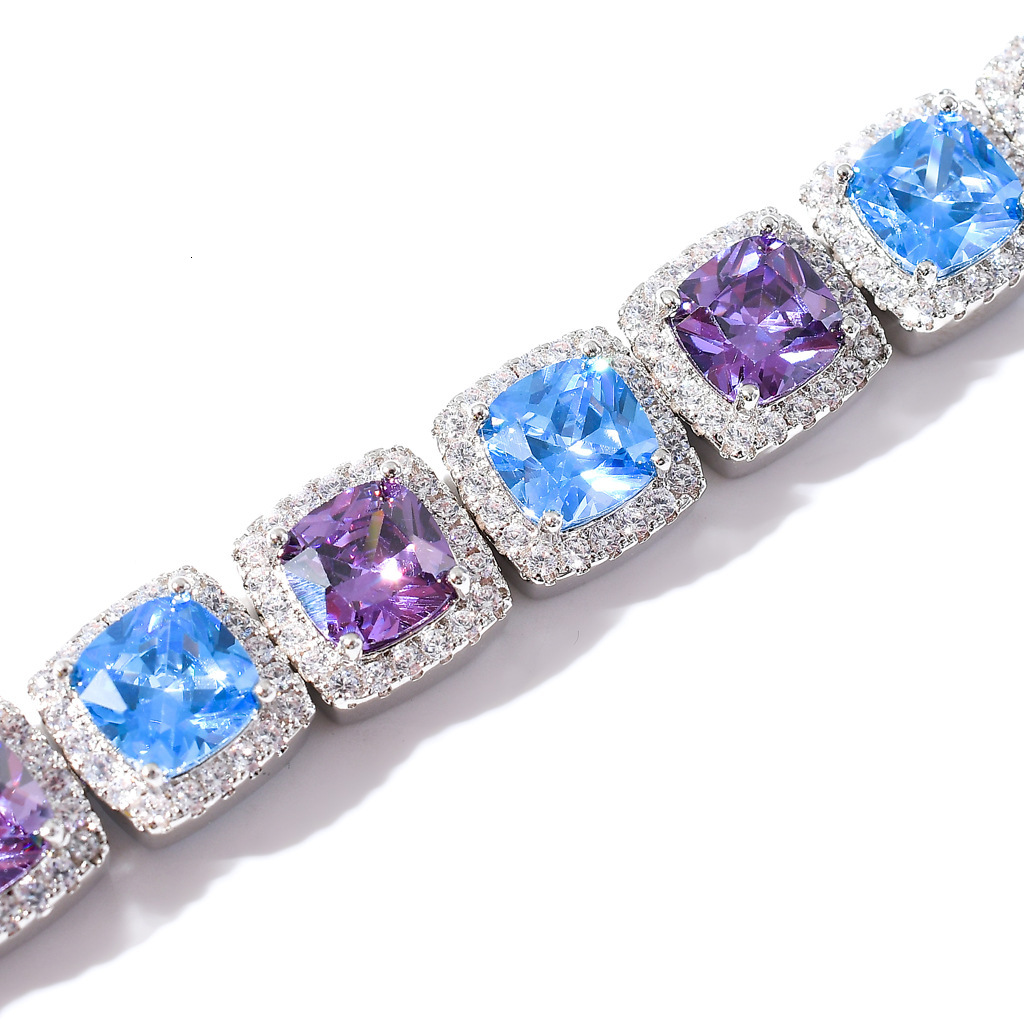 10MM Square Colorful Blue-Purple Moissanite Iced Out Hip Hop Men's Bracelet Bling Chain Crystal Design Passes the Diamond Tester