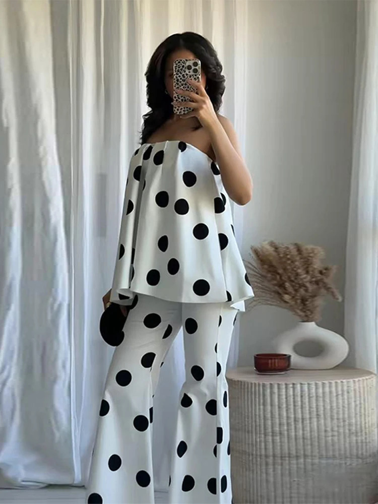 Fashion Polka Dot Womens Two Piece Suit Strapless Sleeveless Draped Top Loose Flared Long Pants Summer Lady Causal Outfits 250624