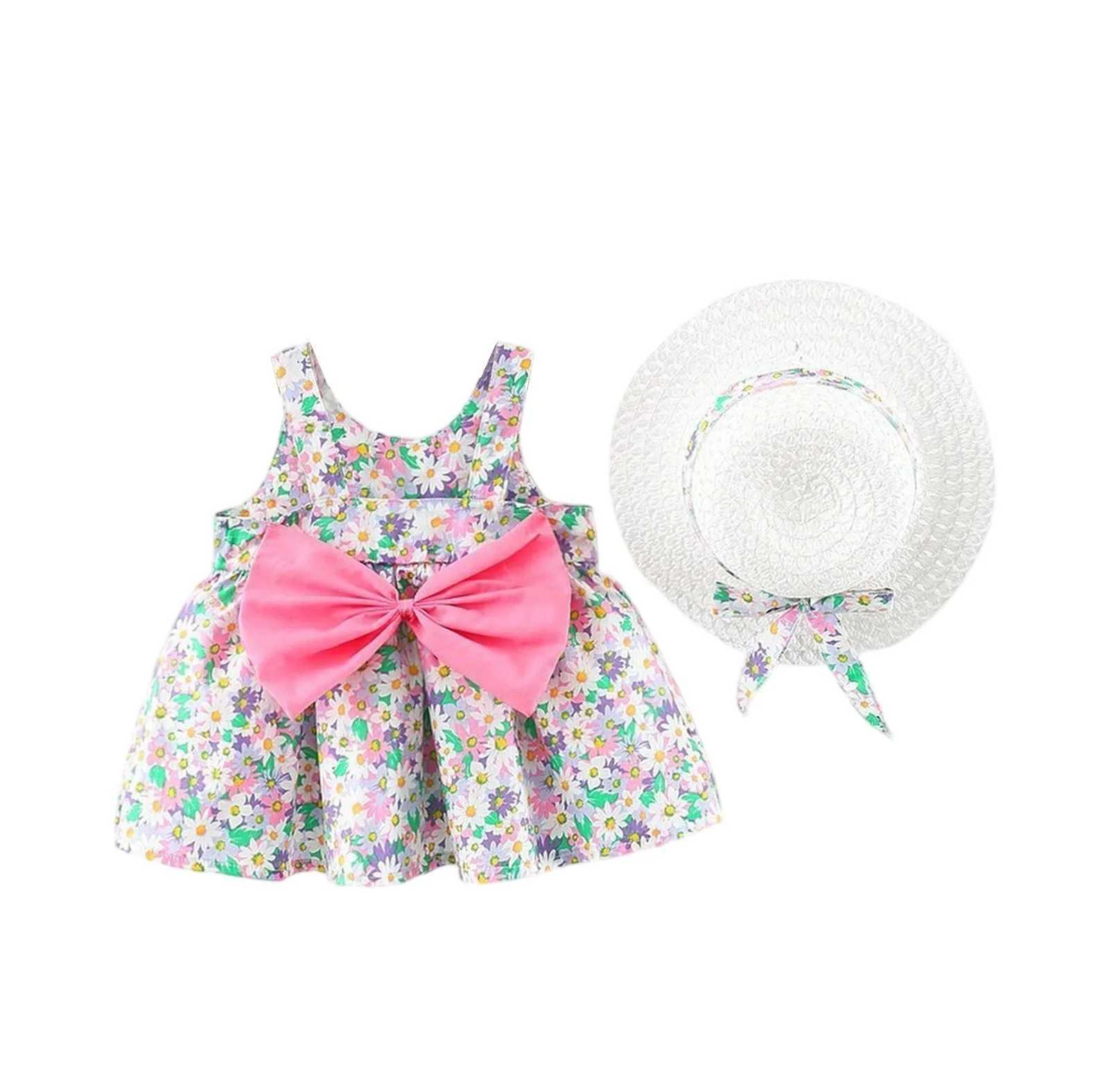 2-piece Summer Set of Baby Girl Dress Hat Girls Big Bow Casual Cotton Print Cute Round Neck Sleeveless Dress R250707
