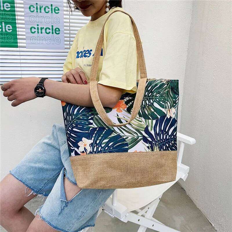 Women's Messenger Leaves Printed Canvas Handbags Large Capacity Totes 2022 Fashion Ladies Portable Zipper Beach Shoulder Bag