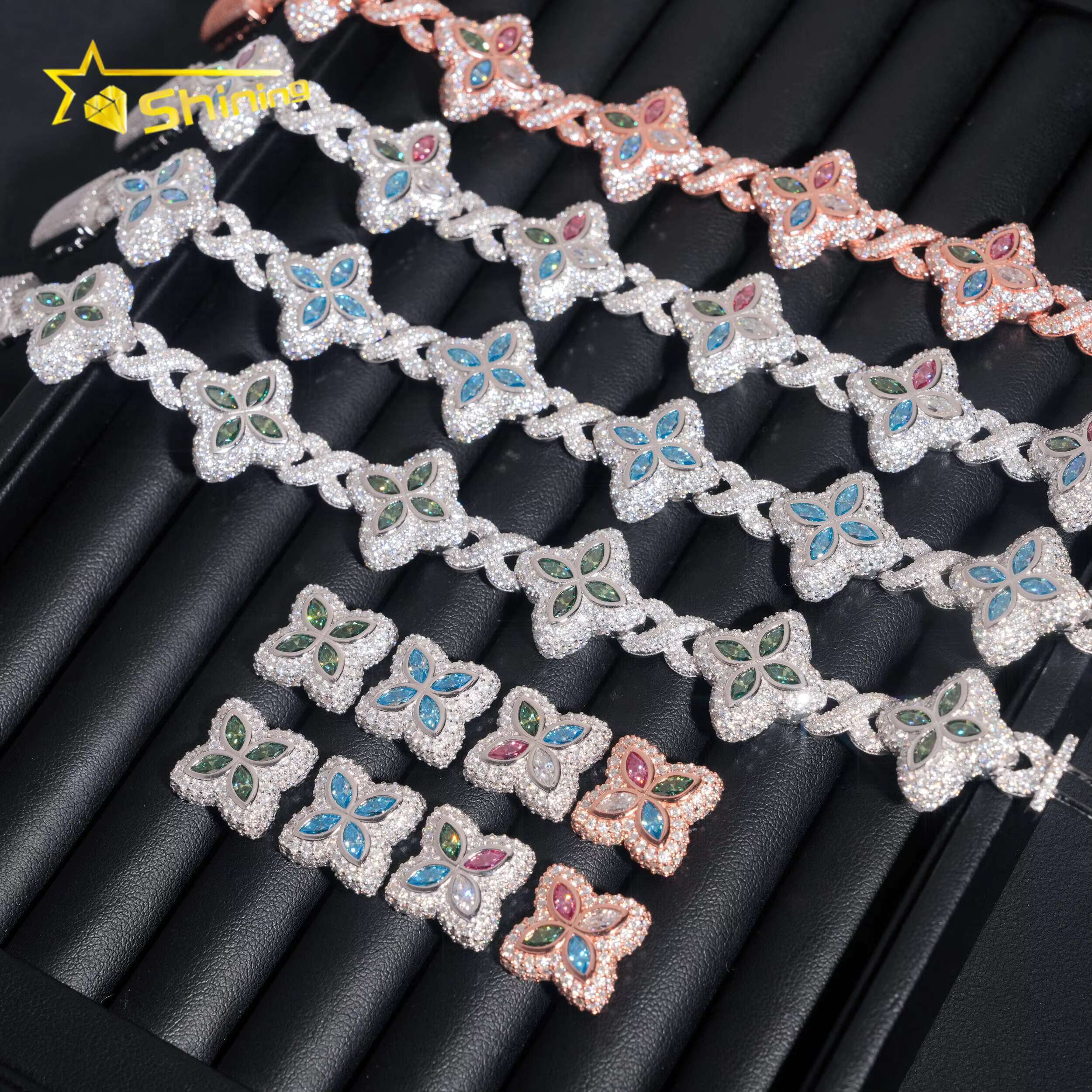 Hip Hop 925 Silver 18MM Width Colored Clover Moissanite Bracelet with Earrings Custom Iced Out Fine Jewelry Sets for Men Women