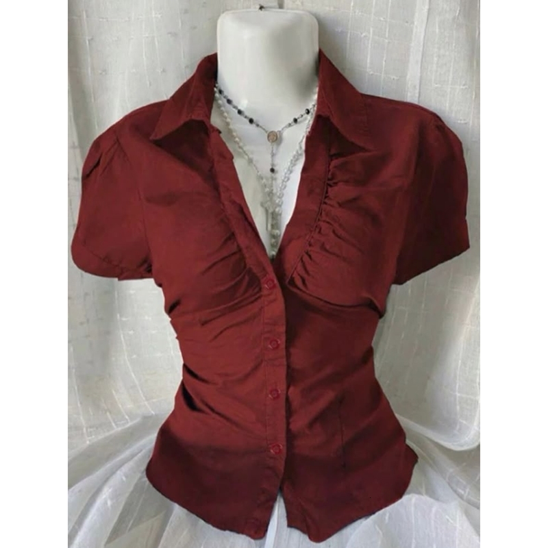 Summer Y2k Short Sleeve Shirt Fashion Women Clothes Solid color Goes with everything Top EMO Aesthetics Casual Button Streetwear 250627