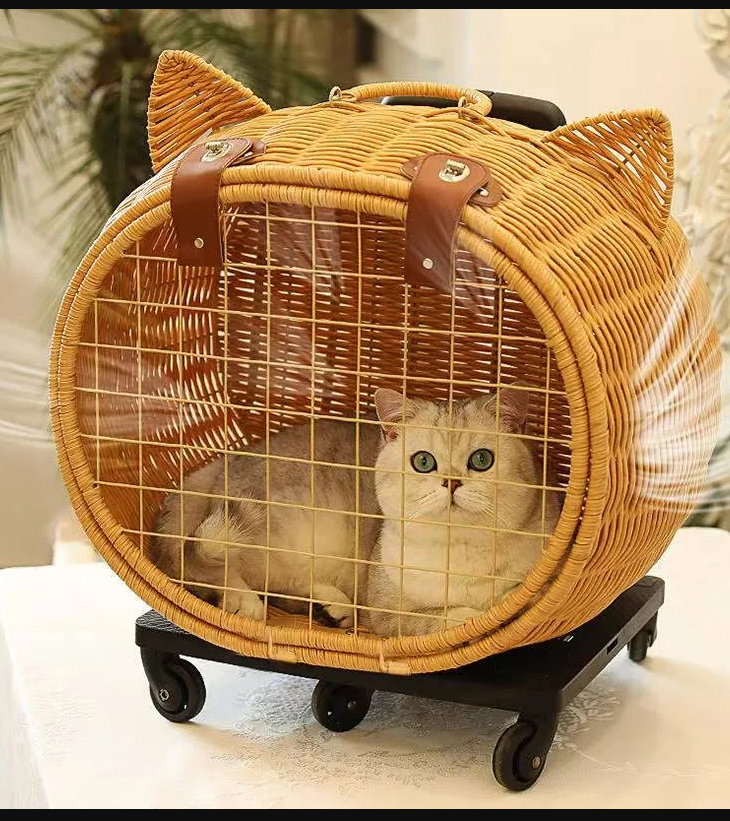 Rattan weaving Durable Wheel-Equipped Animal Transport Tote - Ideal for Carrying Cats or Dogs under 20lbs Easily during Travels