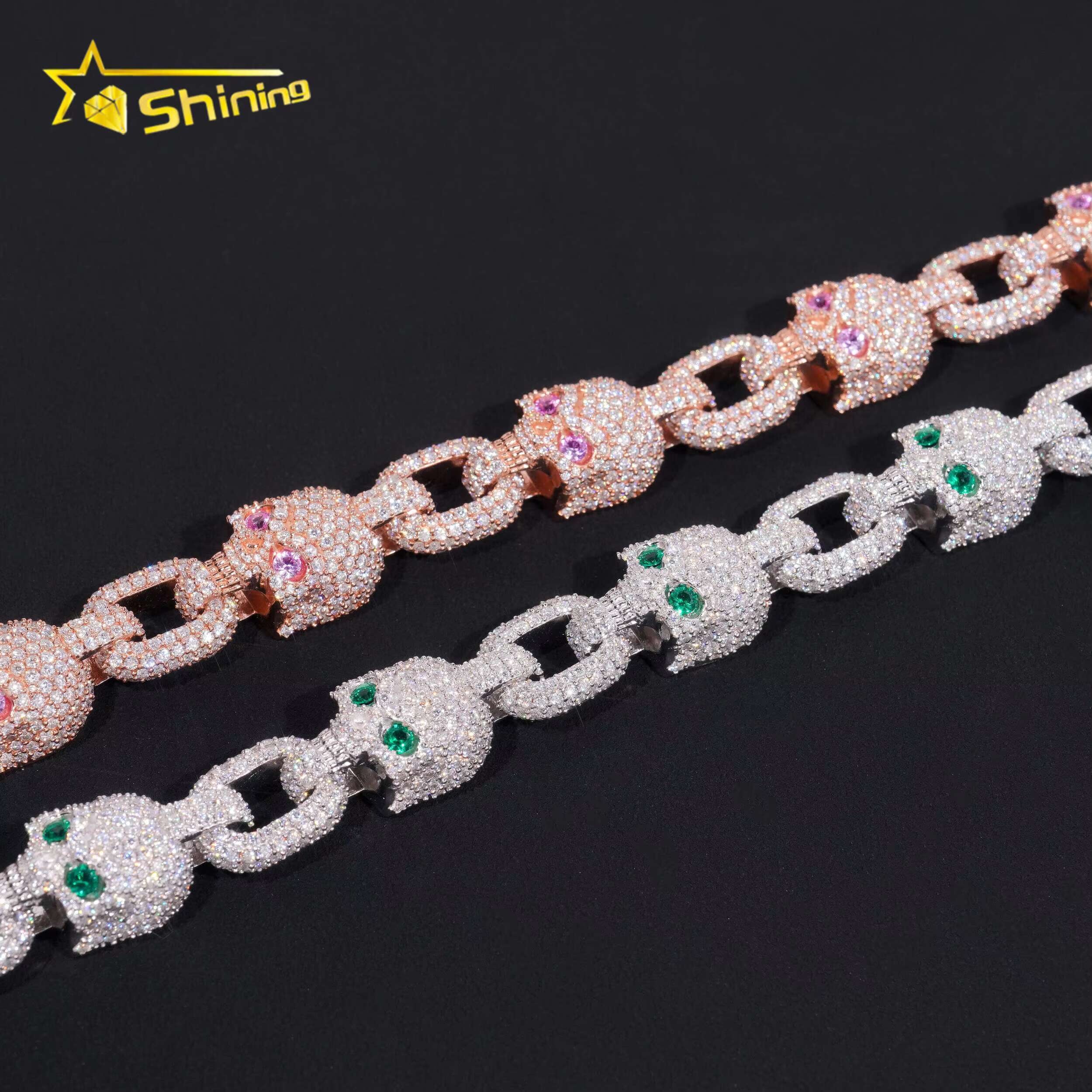 Bling Hip Hop Jewelry 15mm Solid 925 Sterling Silver Gold Plated GRA Custom Skull Iced Out Moissanite Cuban Link Chain Bracelet