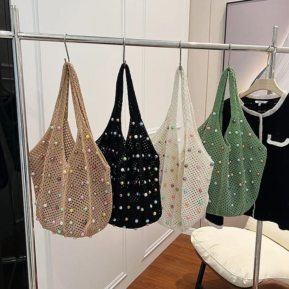 Women Boho Crochet Bag with Colored Beads Aesthetic Knit Bag Large Capacity Knitted Tote Handbag Ladies Daily Handbag 250627