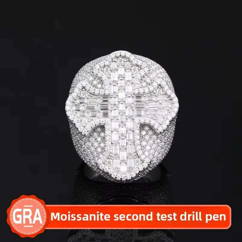 European American S925 Silver Moissanite Cross-Border Ring Versatile Trendy Mens Square Diamond Ring Cross Shape Hip-Hop Style