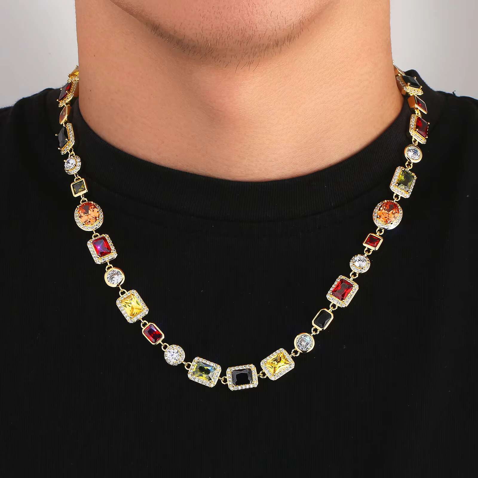 Wholesale Multi Gemstone Jewellery Star Rainbow Zircon Chain 18K Gold Plated Men 10MM Colorful CZ Gem Stone Necklace for Women