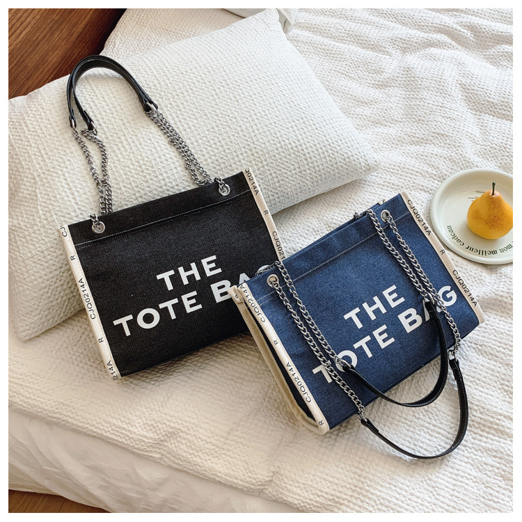 Cross-border foreign trade 2025 Spring New Fashion letter print large-capacity denim canvas tote bag commuting chain 0001