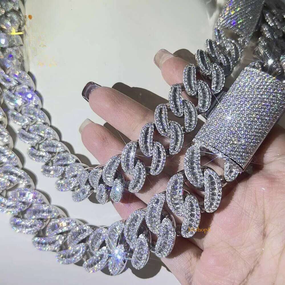 moissanite cuban link chain 22mm Moon Shape Baguette Ice Out Sterling Sier Miami Chain Necklace