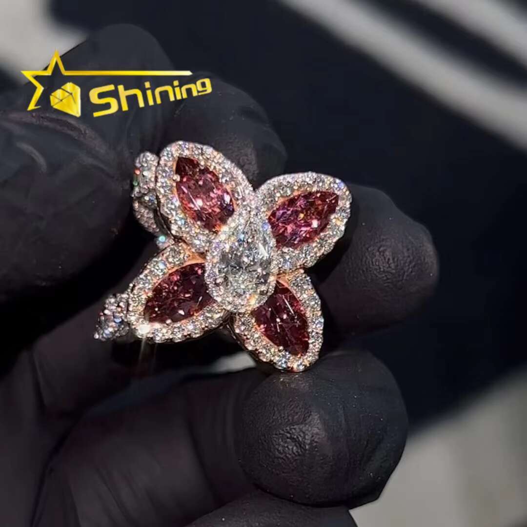 Custom Made New Arrivals Hip Hop Jewelry 925 Silver Colorful Diamond Clover VVS Moissanite Diamond Custom Ring for Men Women