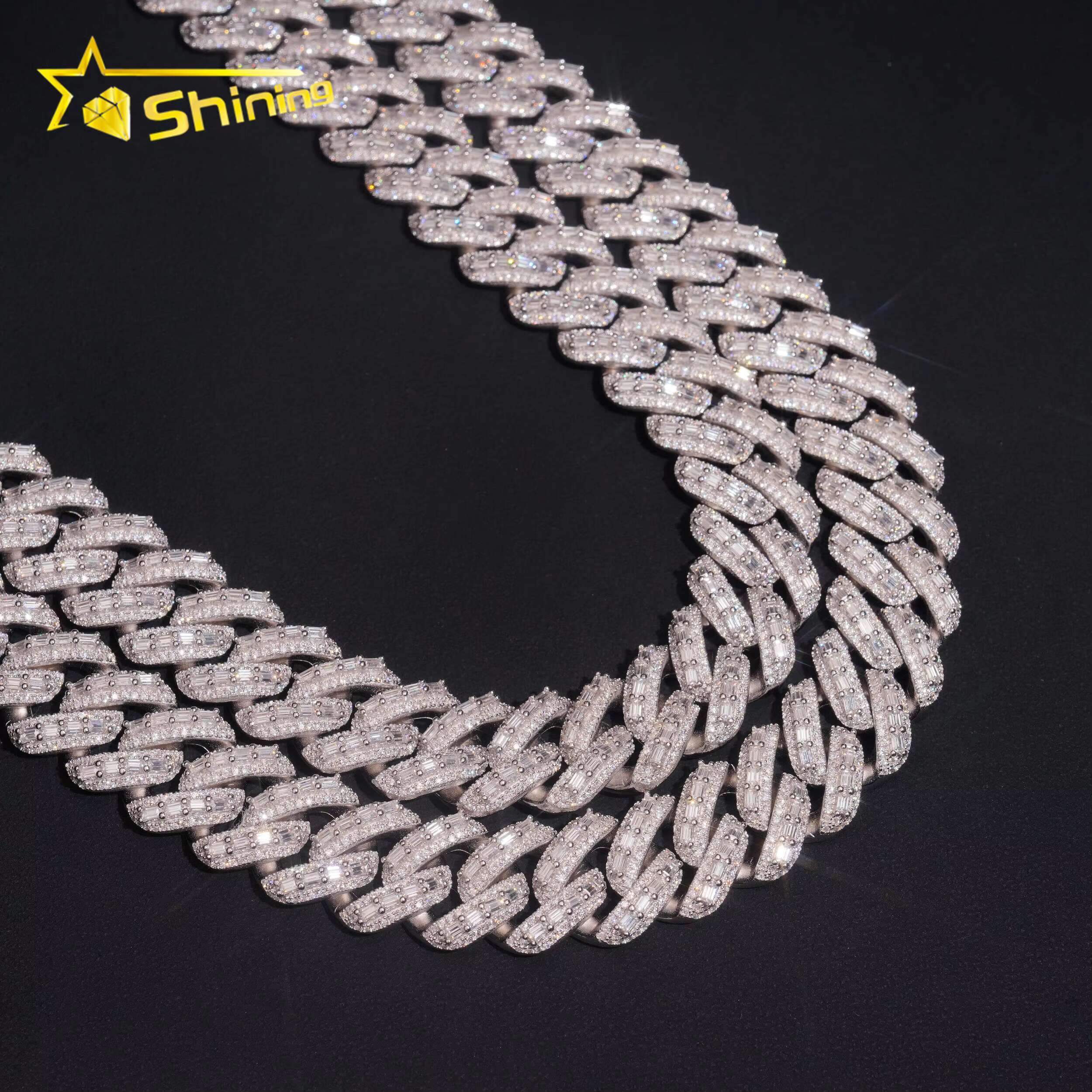 Baguette Moissanite 18mm Necklace Fine Jewelry VVS Iced Out Moissanite Pass Diamond Test 925Silver Gold Hip Hop Cuban Link Chain