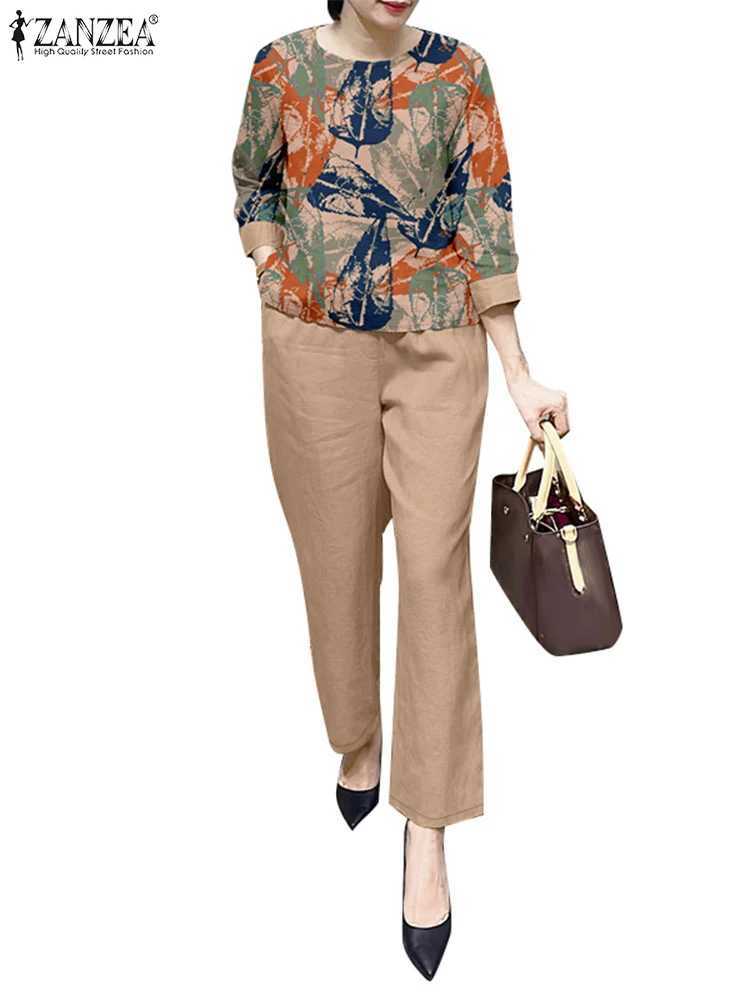ZANZEA Ele Women Work Pant Sets Fashion 3/4 Sleeve Floral Blouse Trousers Suits 2PCS Casual Tracksuit Two Piece Sets Outfits W250628