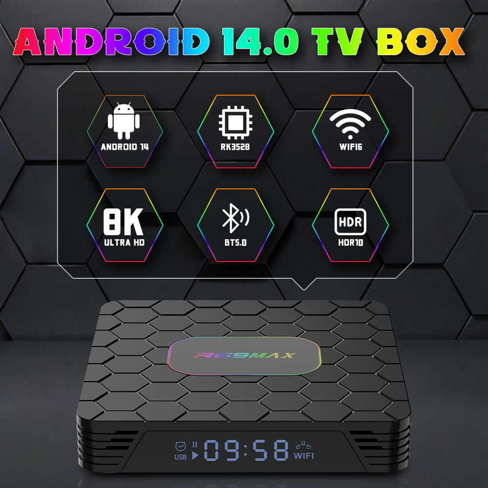 R69 Max Tv Box Android 14 Rockchip 3528 Support 8K Video Bluetooth 5.0 Wifi6 Support Go0gle Voice Input Media Player Set Top Box