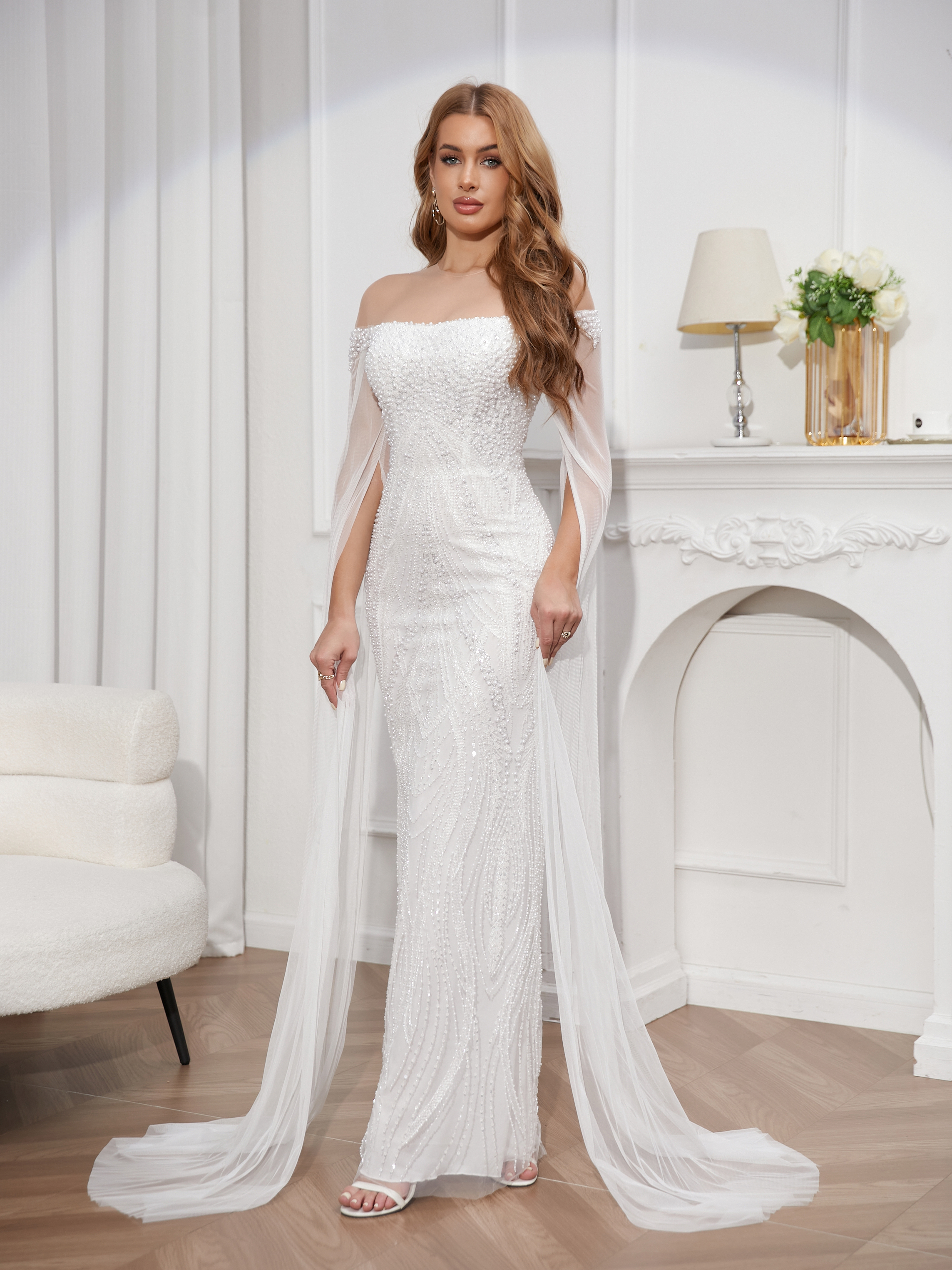 Prom dress trailing skirt chest fashion beaded perspective sexy slim dress elegant tulle long sleeve dress prom dress white bridesmaid dress