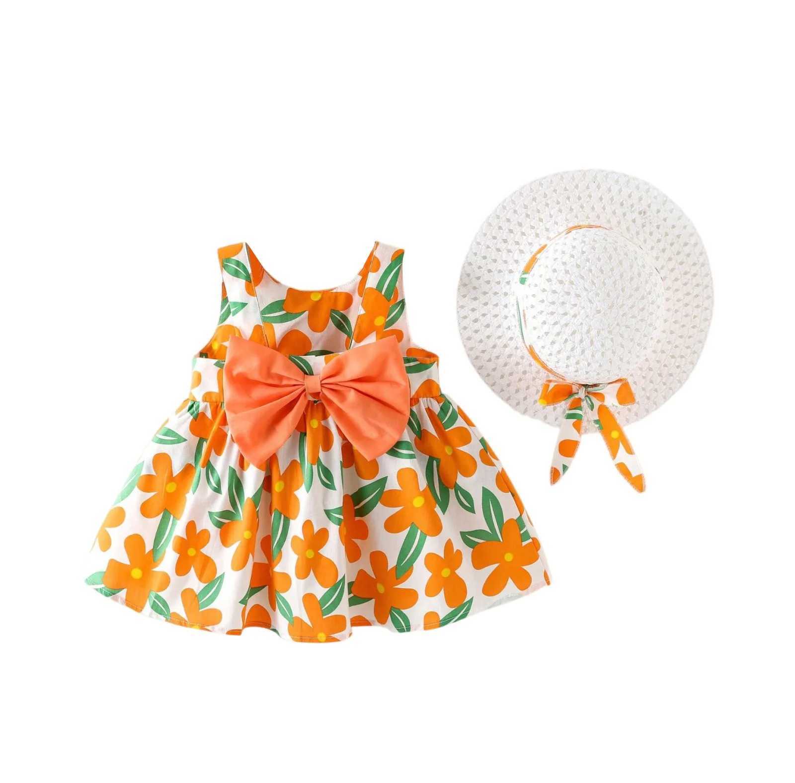 2-piece Summer Set of Baby Girl Dress Hat Girls Big Bow Casual Cotton Print Cute Round Neck Sleeveless Dress R250707