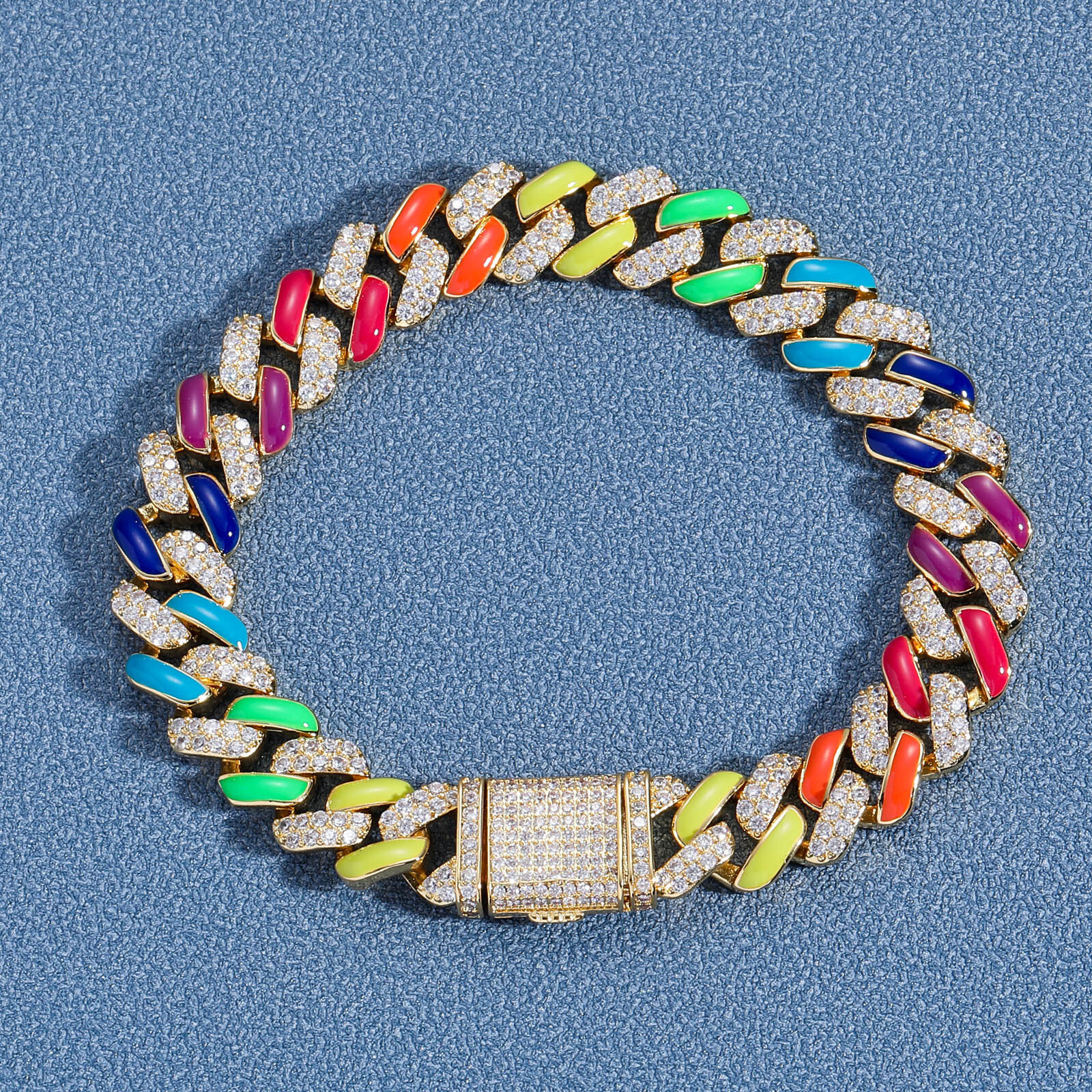12MM New Arrival Rainbow Cuban Chain Hip Hop Bracelet - Multicolor Moissanite Iced Out Unisex Statement Jewelry Pass the diamond tester
