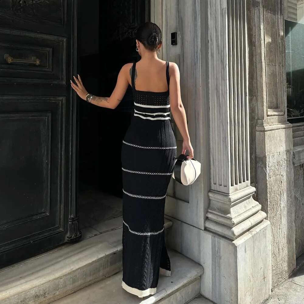 Zekye Striped Elegant Sun crochet dress Woman Summer Beach Vacation Sleeveless Bodycon Long Dresses V Neck Boho Sexy Knit
