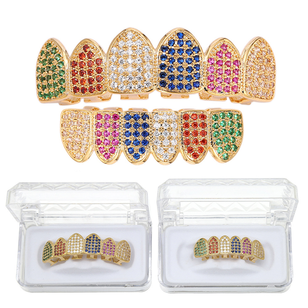 New Arrival 6 Color Iced Out Premium Hip Hop Grillz Vampire Fangs Colorful Diamond Teeth Accessories Rapper Costume Accessories Pass the diamond teste