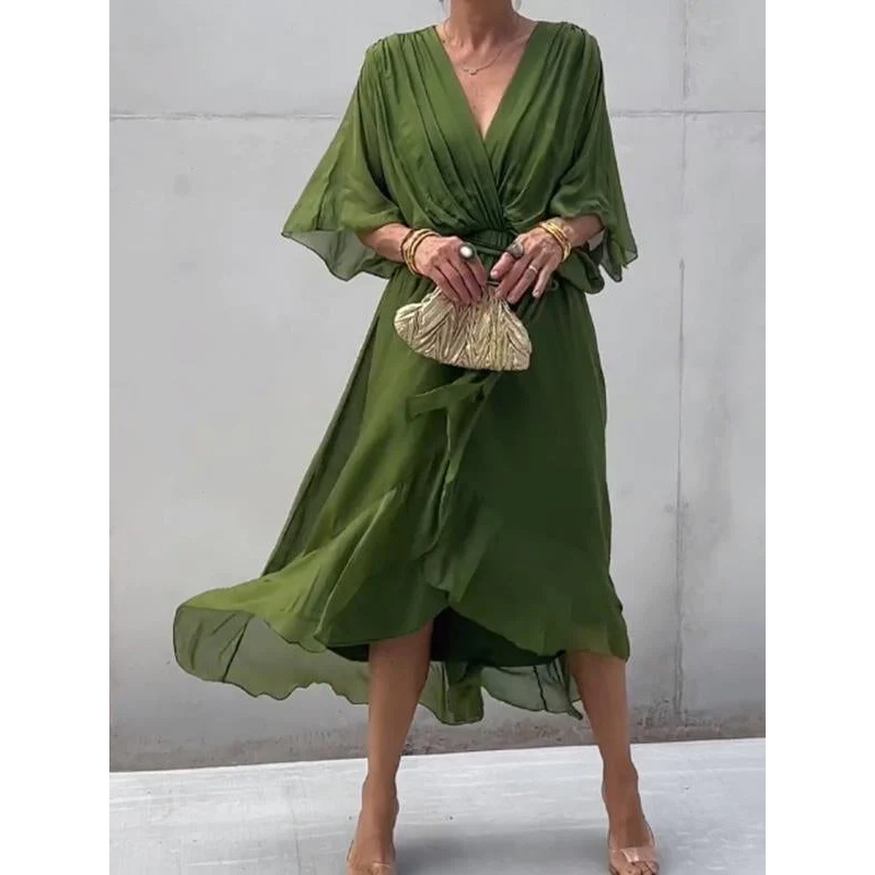 H628Women's solid color lace-up long skirt bat sleeve irregular dress