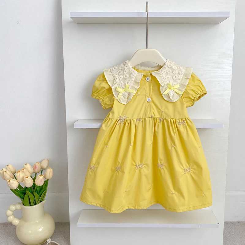 1-6Y Girls Bow Princess Dresses New Summer Baby Dress Puff Sleeve Embroidery Petal Collar Toddler Kids Cotton Cute Party Dress R250707