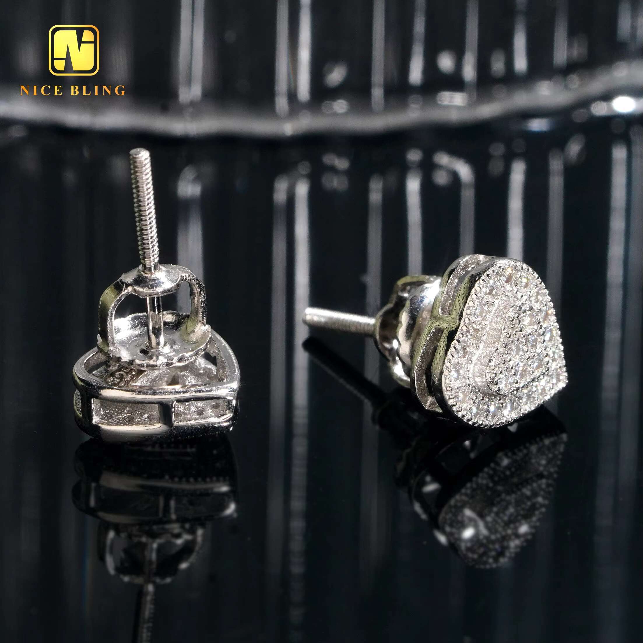 Screw Back Earrings 18K Gold Plated Heart Shape Ear Studs Fine Jewelry Hip Hop Silver Moissanite Diamond Earrings for Men Women