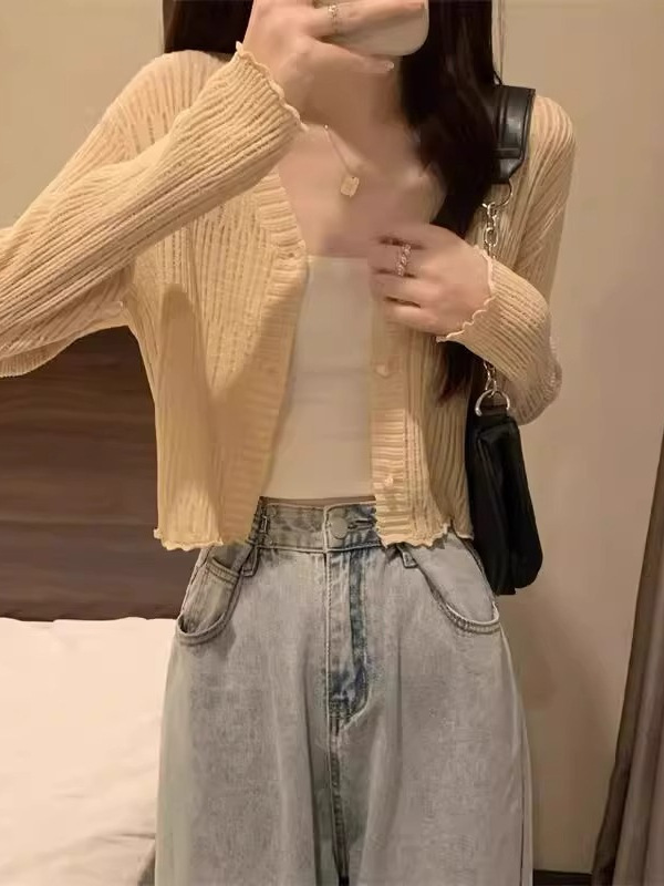 K1164 White V-neck hollow sunscreen ice silk knitted cardigan jacket women's summer shawl suspenders outerwear short top