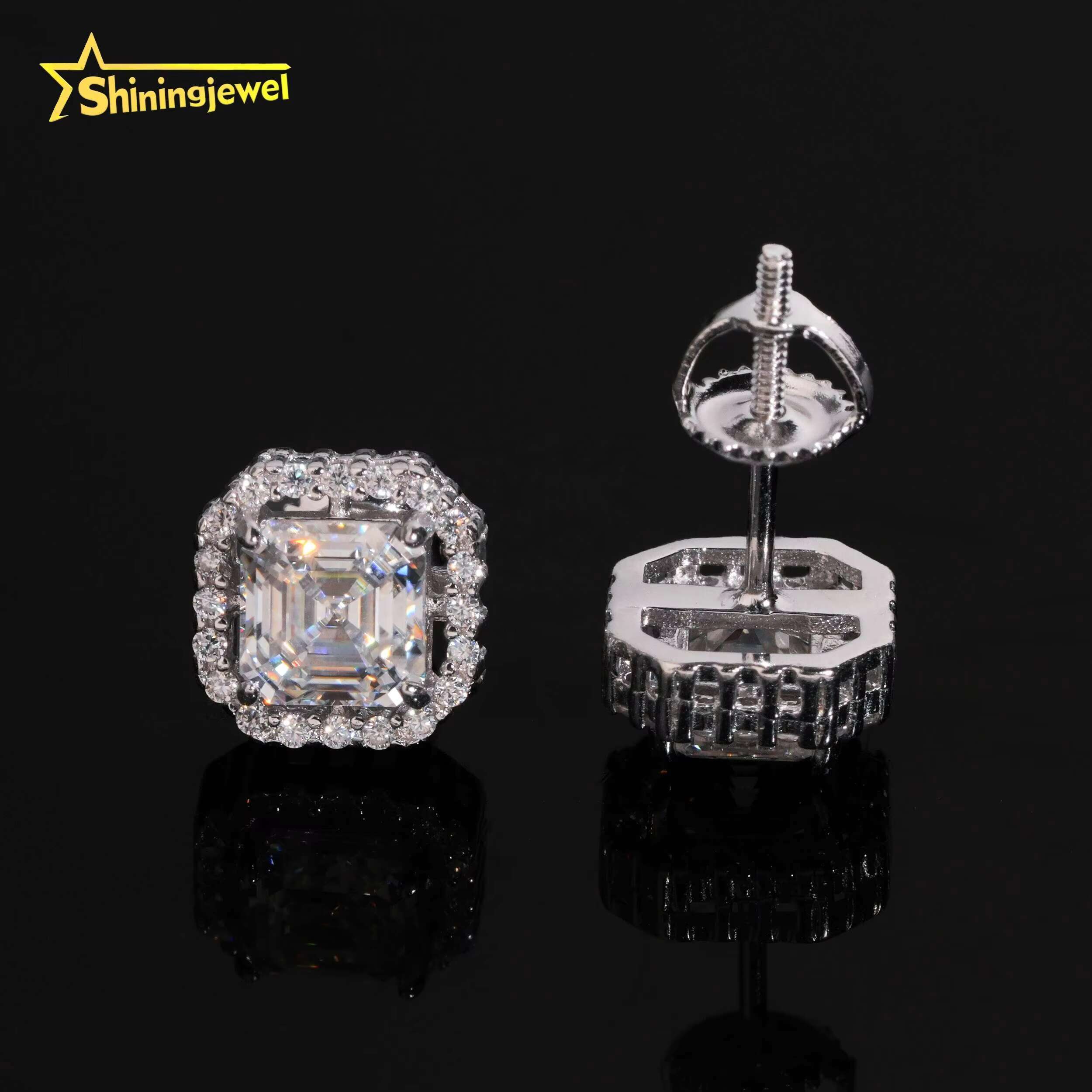 GRA Certified Hip Hop Moissanite Diamond Asscher Cut 5*5mm Halo Square 925 Sterling Silver Earrings