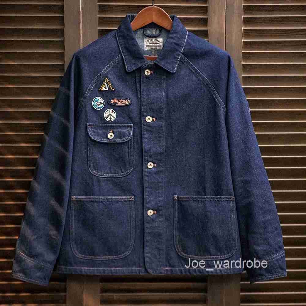 Maden Vintage Embroidered Badge 128oz Heavyweight Denim Jacket Washed Lapel Casual Outerwear for Men Spring and Fall Chore Coat