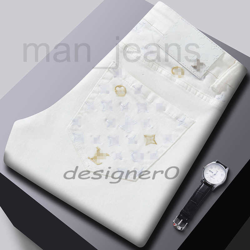 Men's Jeans luxury Designer high end Spring new jeans men's trend slim fit small feet elastic casual white washed embroidered European goods for men ALNB