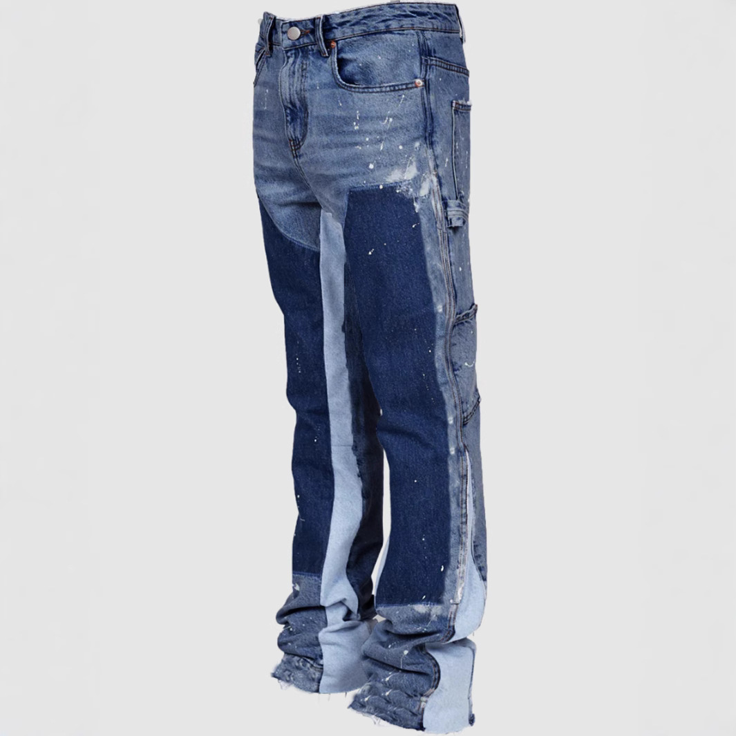 Designer Men's Jeans, Work Pants, Fashionable Retro, Elastic Patchwork Denim, Layered Flared Pants, Loose Casual Pants, Work Pants, Black Pants